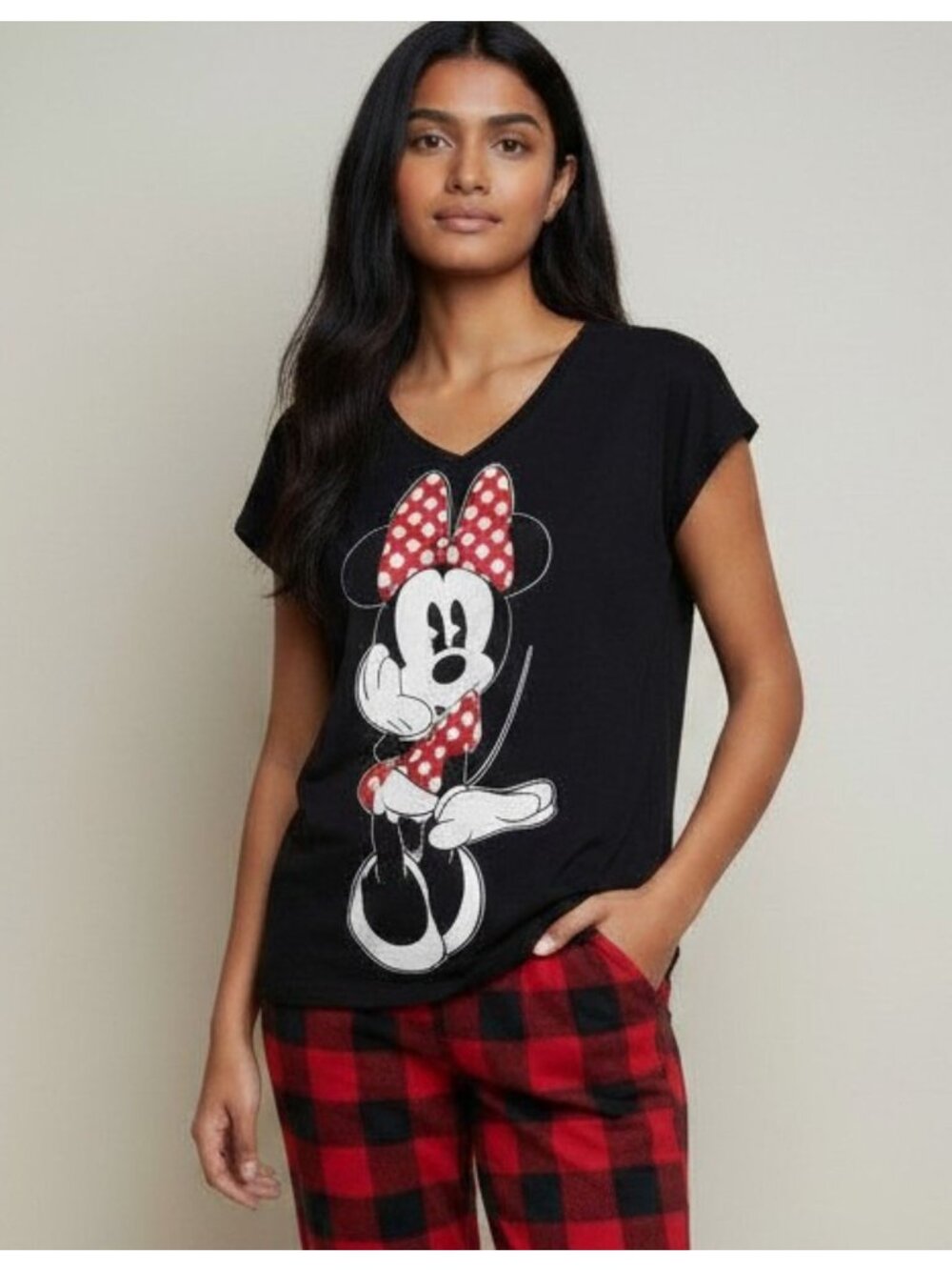 Disney Minnie Mouse Sleep Tee Size XL Black Red Polka Dot Loungewear
